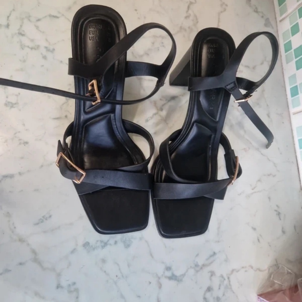 Primark Black Strappy Sandals with Gold Buckles